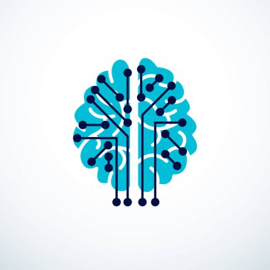 Yapay zeka konsepti vektör logosu tasarımı, dijital zihin ve zeka. Ampulün içinde insan anatomik beyni ve elektronik teknoloji elementleri simgesi. Akıllı yazılım, gelecekçi fikir.