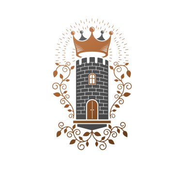 Antik kale amblemi. Hanedan vektör tasarım öğesi. Retro tarzı etiket, Hanedanlık armaları logo. İzole beyaz zemin üzerine antika logo.