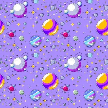 Gezegenler, yıldızlar, asteroitler ve göktaşları, keşfedilmemiş derin evren fantastik ve nefes kesen tekstil kumaş, sonsuz döşeme deseni, çocuklar için ile sorunsuz alan arka plan illüstrasyon vektör.