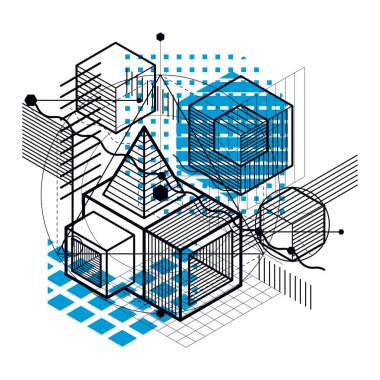 Soyut tasarım 3d doğrusal kafes şekiller ve resimler, vektör izometrik arka plan ile. Küpleri, altıgenler, kareler, dikdörtgenler ve soyut öğeler.