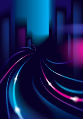 Gece yolundaki trafik ışıkları parıl parıl. Efekt vektörü güzel arkaplan. Şehir manzaralı bulanık koyu arkaplan, binaların siluetleri gökyüzü.