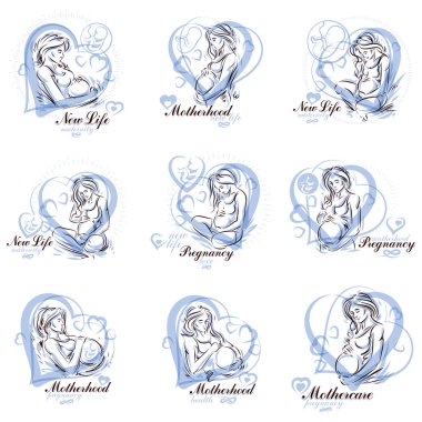 Attractive pregnant woman body silhouette drawings. Vector illustration of mother-to-be fondles her belly. Medical center for pregnancy assistance marketing flyer template clipart