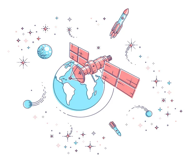 Kommunikationssatelliten Fliegen Orbit Die Erde Raumfahrzeuge Raumstation Mit Sonnenkollektoren Und — Stockvektor
