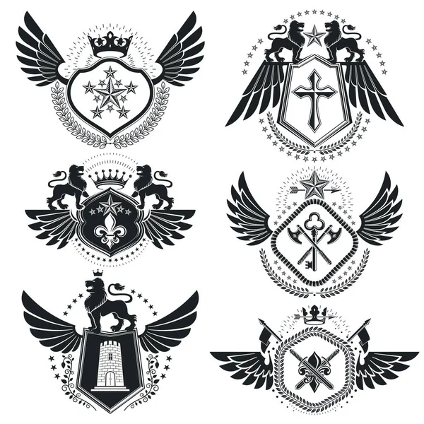 Геральдичні Емблеми Ізольованих Векторні Ілюстрації Набір Символів Вінтажному Стилі — стоковий вектор