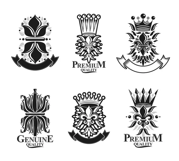 Королевские Символы Лили Цветы Цветы Короны Эмблемы Набор Коллекция Геральдических — стоковый вектор