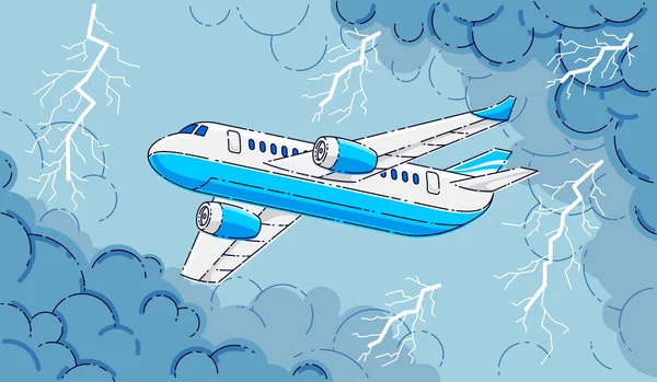 暴风雨中的平面 客机在乌云和雷雨的雷电中飞行 美丽的细线3D矢量图解 — 图库矢量图片