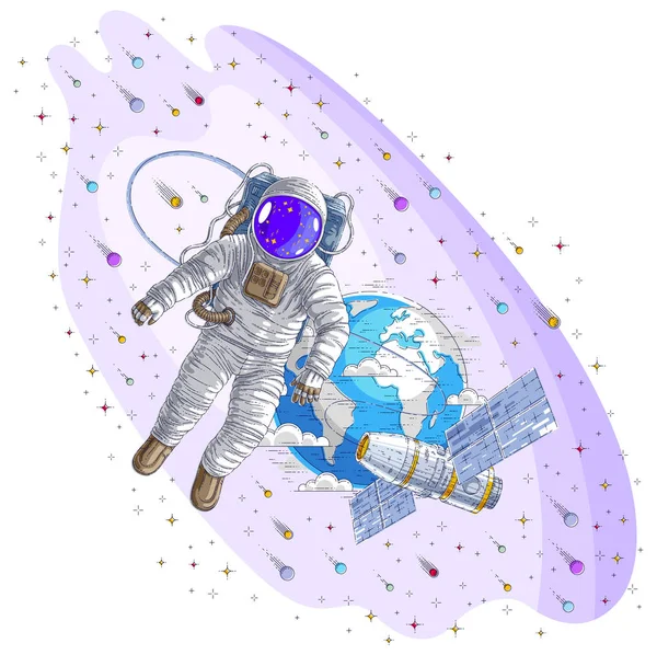 宇宙飛行士は宇宙ステーションと背景 宇宙飛行士が無重力状態と Iss の宇宙船 小惑星と星 に浮かぶ地球に接続されているオープン スペースへ出て行った 分離されたベクトル — ストックベクタ
