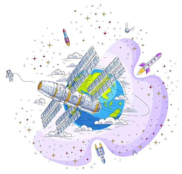 Űrállomás Repülő Orbitális Repülés Körül Föld Űrhajó Űrhajó Iss Napelemek — Stock Vector