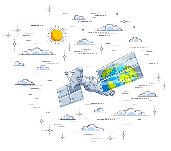 Globális Kommunikációs Technológia Műhold Repül Felhős Égen Tükrözik Föld Napelemek — Stock Vector
