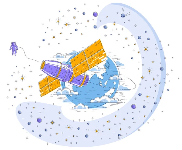 Raumstation Die Die Erde Kreist Raumfahrt Raumschiff Mit Sonnenkollektoren Künstlicher — Stockvektor