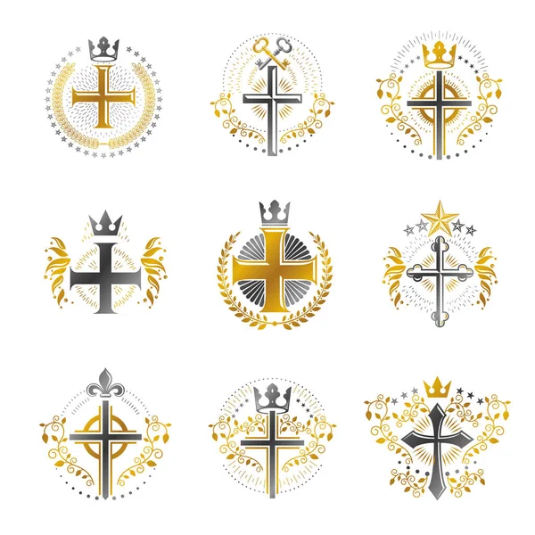 Conjunto Emblemas Christian Crosses Escudo Heráldico Logotipos Decorativos Vector Aislado — Vector de stock