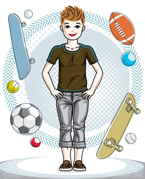 Lindo Niño Adolescente Feliz Usando Ropa Casual Posando Con Objetos — Vector de stock