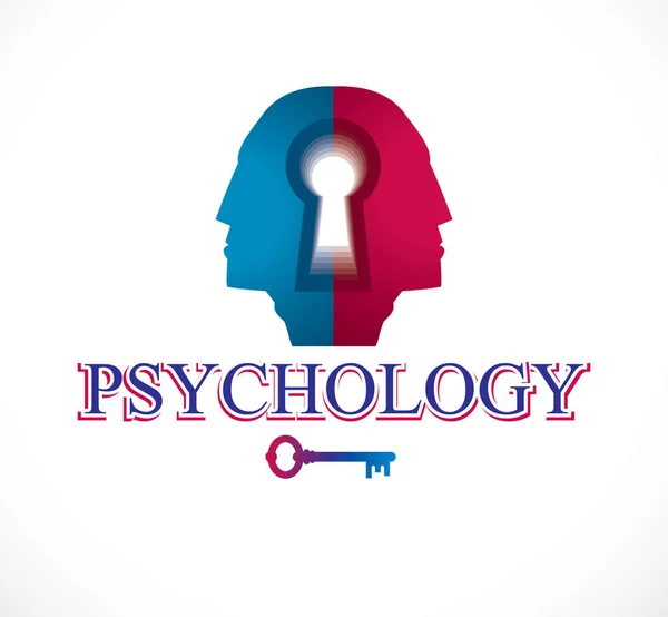 心理学和心理健康概念 创建与双人头轮廓和钥匙孔 精神分析作为一个关键的人性 个性和原型阴影 — 图库矢量图片