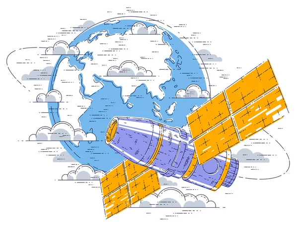 Station Spatiale Volant Vol Spatial Orbital Autour Terre Vaisseau Spatial — Image vectorielle