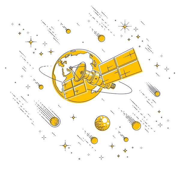 Műholdas Repülő Orbitális Repülés Körül Föld Kommunikációs Technológia Űrhajó Űrállomás — Stock Vector