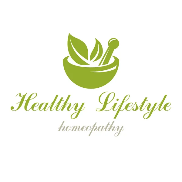 Mortar Pestle Graphic Vector Symbol Composed Green Leaves Homeopathy Creative — Stock Vector