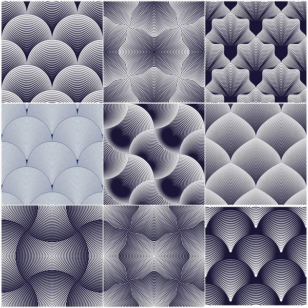 幾何学的なシームレスなパターンセット 抽象的なタイルの背景コレクション ベクトルを繰り返し無限の壁紙イラスト 重複円 屋根のタイルや魚のイカの形 貝の形 — ストックベクタ