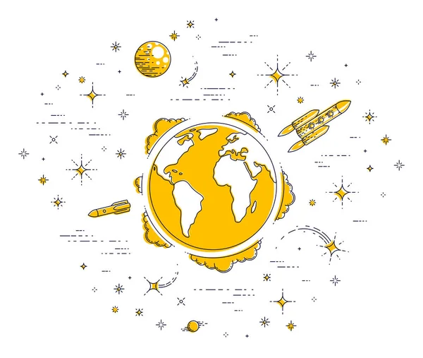 Planeten Jorden Rummet Omgivet Stjerner Raketter Asteroider Andre Elementer Lille – Stock-vektor