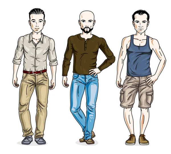 Gelukkig Mannen Permanent Dragen Van Modieuze Casual Kleding Vector Set — Stockvector