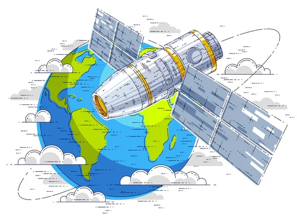 空间站飞行轨道飞行在地球附近 航天器宇宙飞船与太阳能电池板 人造卫星 细线3D 矢量图 — 图库矢量图片
