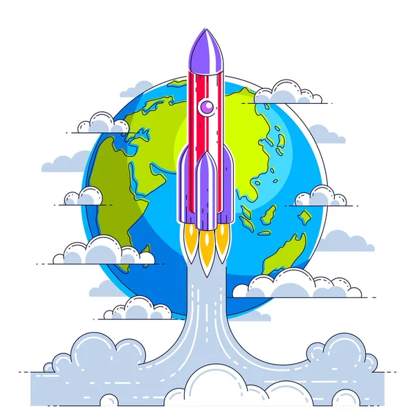 ロケットは 地球から未知の銀河を発見する空間を開始します 宇宙科学の興味深い宇宙を探索します 細い線 ベクトル図白で隔離 — ストックベクタ