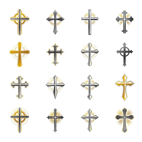 Korsningar Kristendomen Religion Emblem Set Heraldiska Vapen Dekorativa Logotyper Isolerade — Stock vektor