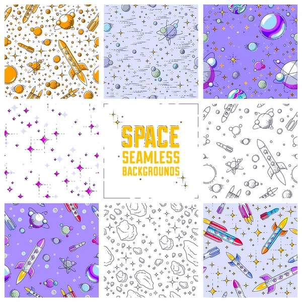 Set Sfondi Spaziali Senza Soluzione Continuità Con Razzi Pianeti Asteroidi — Vettoriale Stock