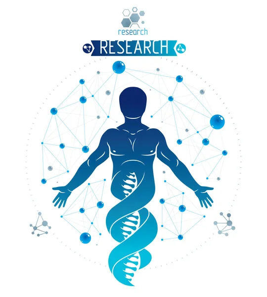 ベクトル Dna のシンボルの継続として描かれ ワイヤ フレームの接続で作成された人間 選手のイラスト 生物と遺伝学の概念 — ストックベクタ