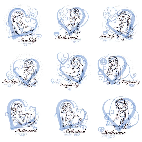 Attractive Pregnant Woman Body Silhouette Drawings Vector Illustration Mother Fondles — Stock Vector