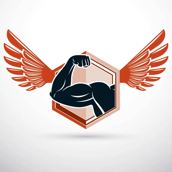 Bodybuilder Muscular Biceps Arm Composed Wings Weight Lifting Vector Illustration — Stock Vector