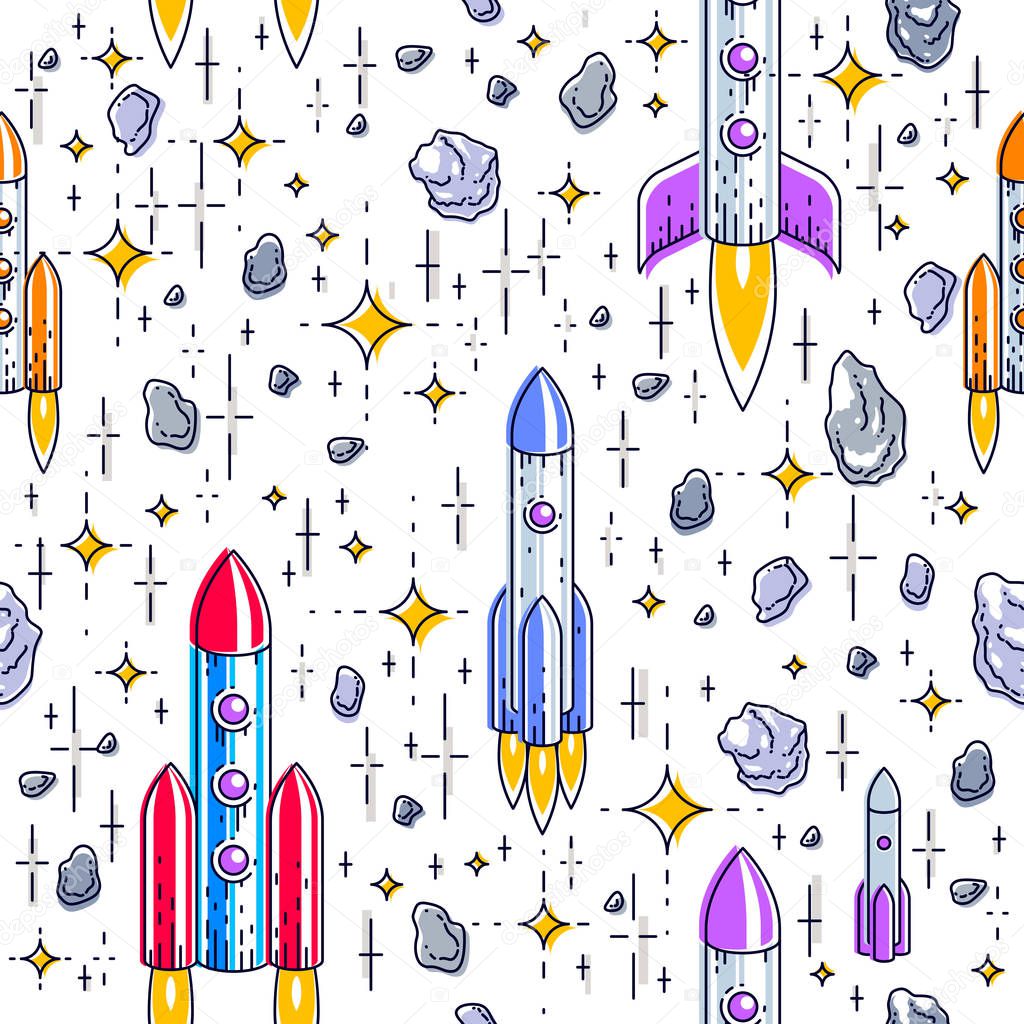 Seamless space background with rockets, stars and asteroids, cosmos fantastic and breathtaking textile fabric for children, endless tiling pattern, vector illustration cartoon motif.