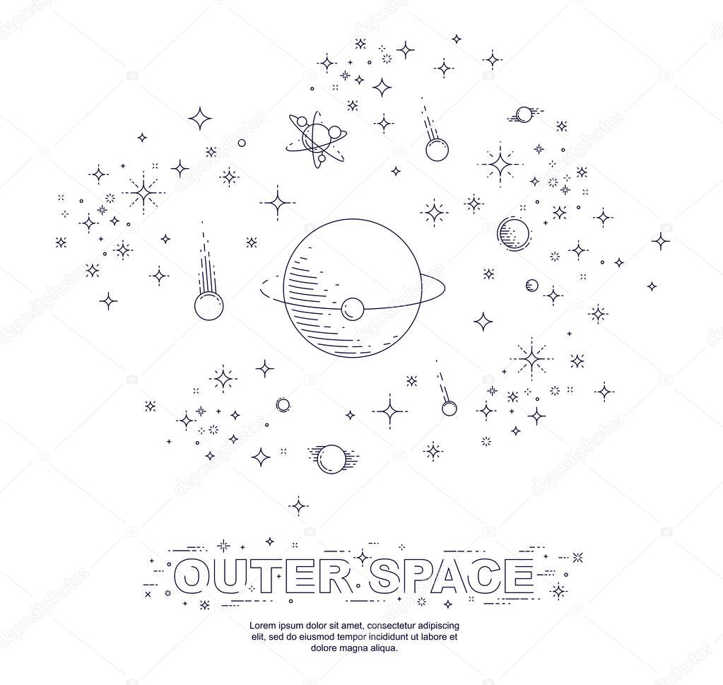 Fantastic galaxy with unknown weird undiscovered planets with stars, meteors, asteroids and other elements. Explore universe, breathtaking science fiction. Thin line 3d vector illustration isolated.