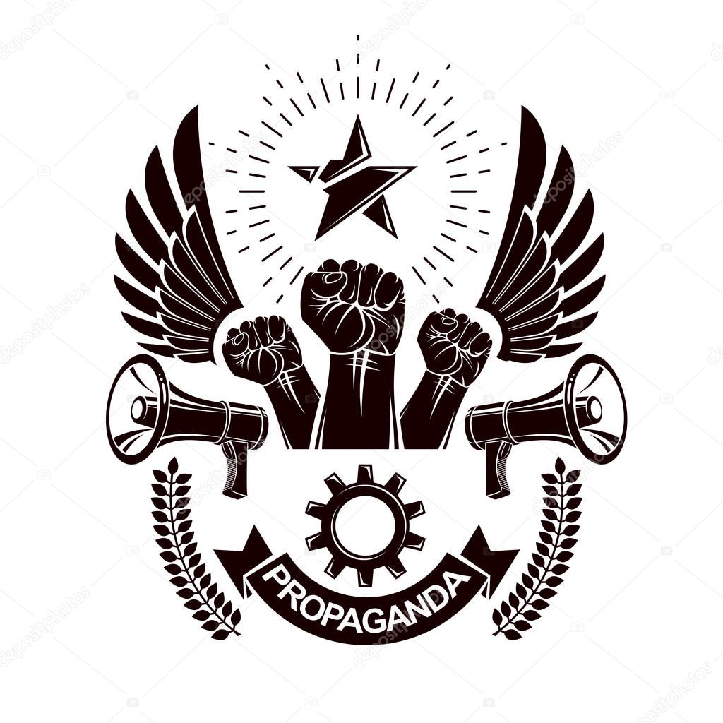 Vector marketing banner created using clenched fists raised up, loudspeaker equipment and engineering cog wheel element. Proletarian revolution, no limits and restrictions concept.