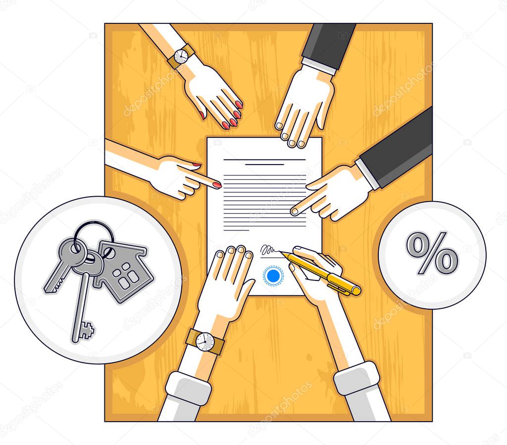 top view of desk with man signing bank mortgage hypothec for real property house buying and employee explains terms of loan credit  