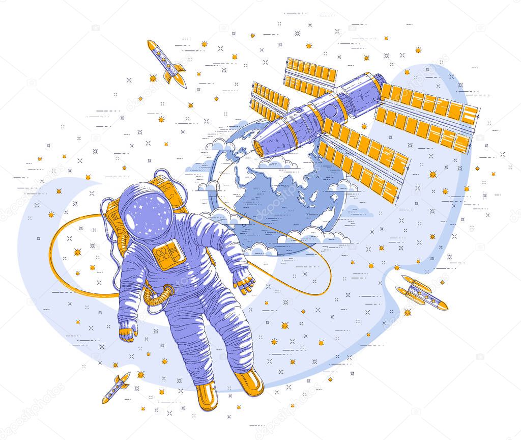 Spaceman flying open space connected to space station and earth planet in background, astronaut man or woman in spacesuit floating in weightlessness and spacecraft, stars and other elements. Vector.