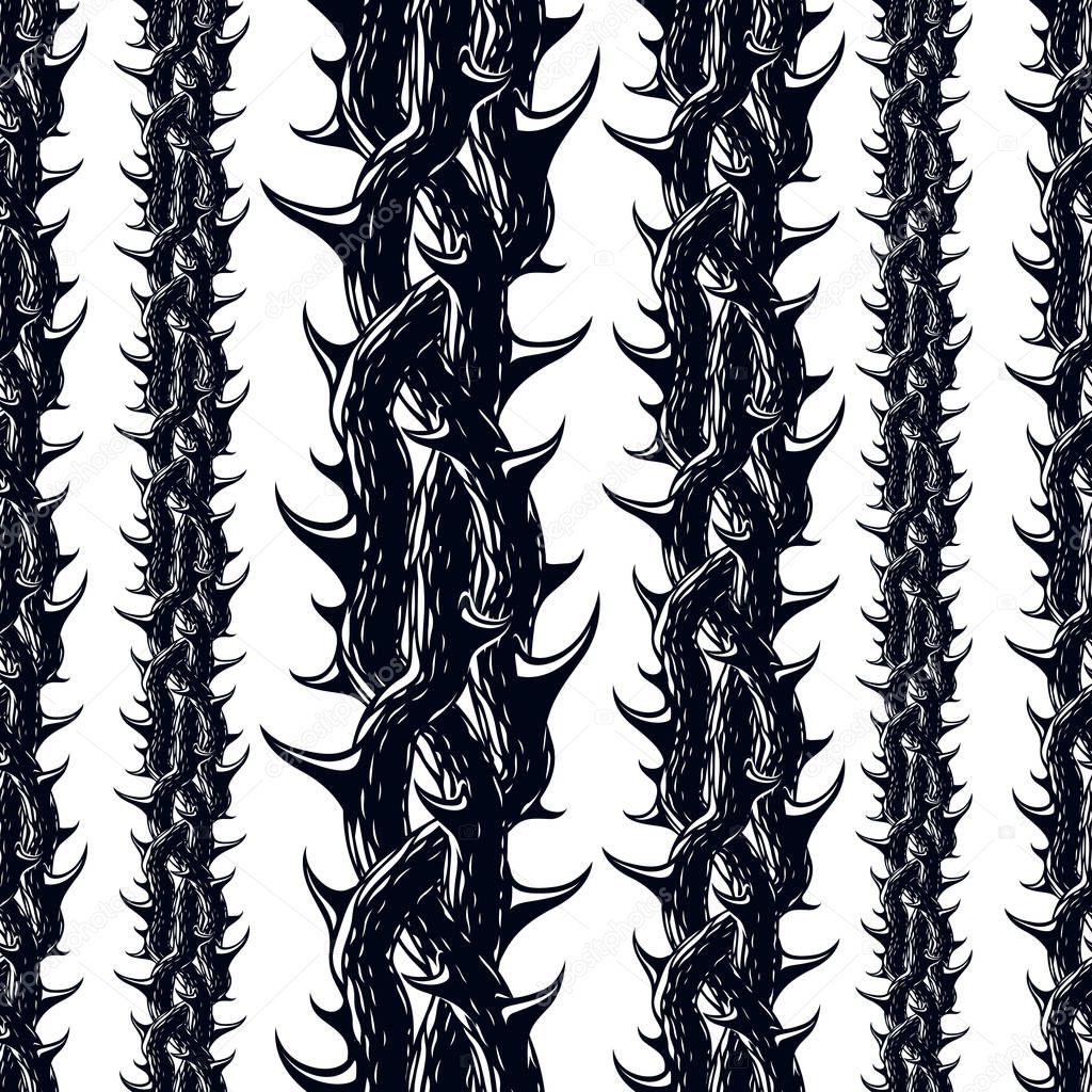 Disgusting horror art and nightmare seamless pattern, vector background. Blackthorn branches with thorns stylish endless illustration. Hard Rock and Heavy Metal subculture music textile fashion stylish design.
