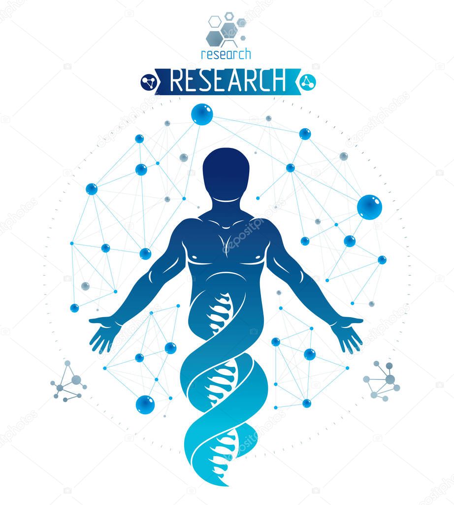 Vector illustration of human, athlete depicted as DNA symbol continuation and created with wireframe connections. Bioengineering and genetics concept.