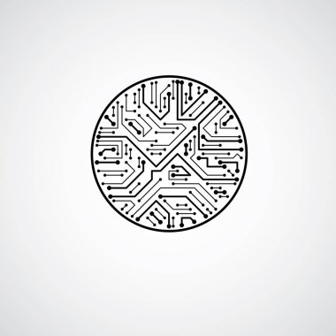 Vektör devre kartı daire, dijital teknolojilerin soyutlama. Siyah ve beyaz bilgisayar mikroişlemci şeması, fütüristik tasarımı.