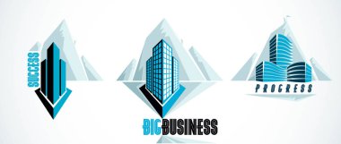 Kaya tırmanışçısı önünde kariyer bir kavram olarak Modern mimarinin iş ofis. Başarı kavramsal illüstrasyon amaca ulaşmak. Emlak realty merkezi. Vektör tasarımları set.