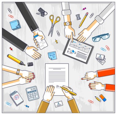 İşadamı sunulması ve onu kendi analytics ve planı, kredi kredi için başlangıç yatırımcı, elleriyle üstten görünüm açıklayan iş kişilik ekibin bir belgenin imzalar. Vektör çizim.