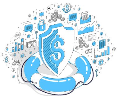 Finansal güvenlik ve koruma kavramı, hayat şamandıra ve metal kalkan beyaz arka plan üzerinde izole. Simgeler, istatistik grafikleri ve tasarım öğelerini ile 3D izometrik iş illüstrasyon vektör.