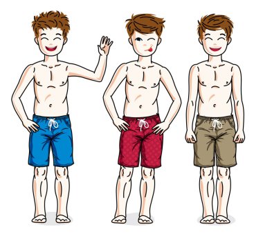 Sevimli küçük çocuklar ayakta plaj şort giyiyor. Vektör çocuklar illüstrasyonlar set. Çocukluğu ve ailesi yaşam tarzı çizgi film.