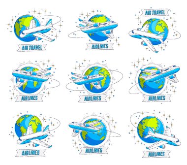 Hava Yolları hava seyahat amblem veya illüstrasyonlar uçak uçakları, seyyare yerküre ve yazma ile şerit. Güzel ince çizgi vektörel çizimler beyaz arka plan üzerinde izole ayarla.
