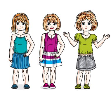 Rahat kıyafetlerle poz sevimli mutlu küçük kız. Vektör çeşitlilik çocuklar illüstrasyonlar set. Çocukluğu ve ailesi yaşam tarzı çizgi film.