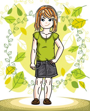 Tatlı küçük kızıl saçlı kız bahar manzara arka plan üzerinde duran ve şık rahat kıyafetler giyiyor. Vektör çocuk çizim.