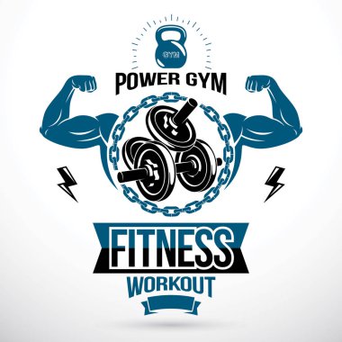 Disk ağırlık dambıl çelik zinciri tarafından çevrili ve kaslı atletik pazı ile silah oluşur. Halter Derneği vektör amblemi