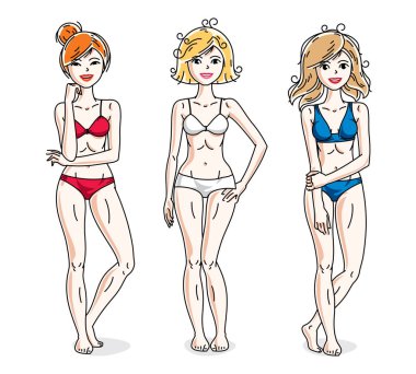 Genç güzel kadın ayakta renkli bikini giyiyor. Vektör çeşitlilik insanlar çizimler ayarlayın. Kusursuz bir beden ile ince erkek.