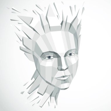 Vektör boyutlu düşük Poli kadın portre, insan kafası kırık parçaları grafik tek renkli resmini. kırıklar ve farklı parçacıkları ile oluşturulan 3d yıkıldı nesne. 