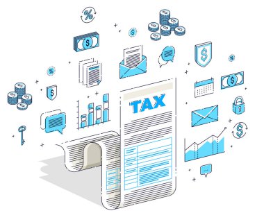 Vergilendirme konsepti, vergi formu veya beyaz arka planda izole edilmiş kağıt sayfası. Isometric 3d vektör finans resimlemesi simgeler, istatistikler ve tasarım elemanları ile.