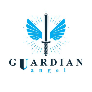Kuş kanatları, savaş ve güvenlik metaforu ile yaratılmış kılıcın vektör çizimi. Seraph vektör amblemi.